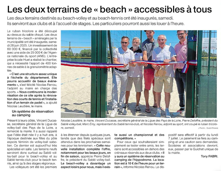 Article ouverture terrains beach volley Sablé sur Sarthe